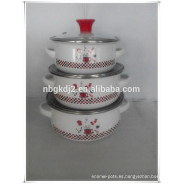 utensilios de cocina de esmalte mini cazuela con perilla roja PP y tapa de vidrio y dos calcomanías laterales